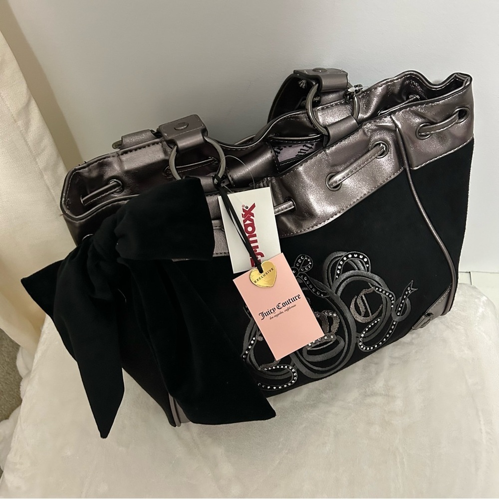 NWT Juicy Couture Black Velour Daydreamer Bag Metallic Pewter Trim - Picture 3 of 7